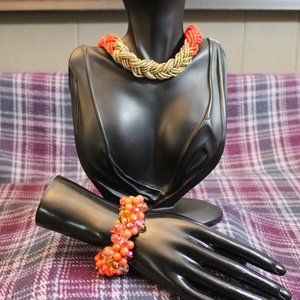 Orange and Gold Glass Braided Seed Bead Necklace with Stretch Bracelet